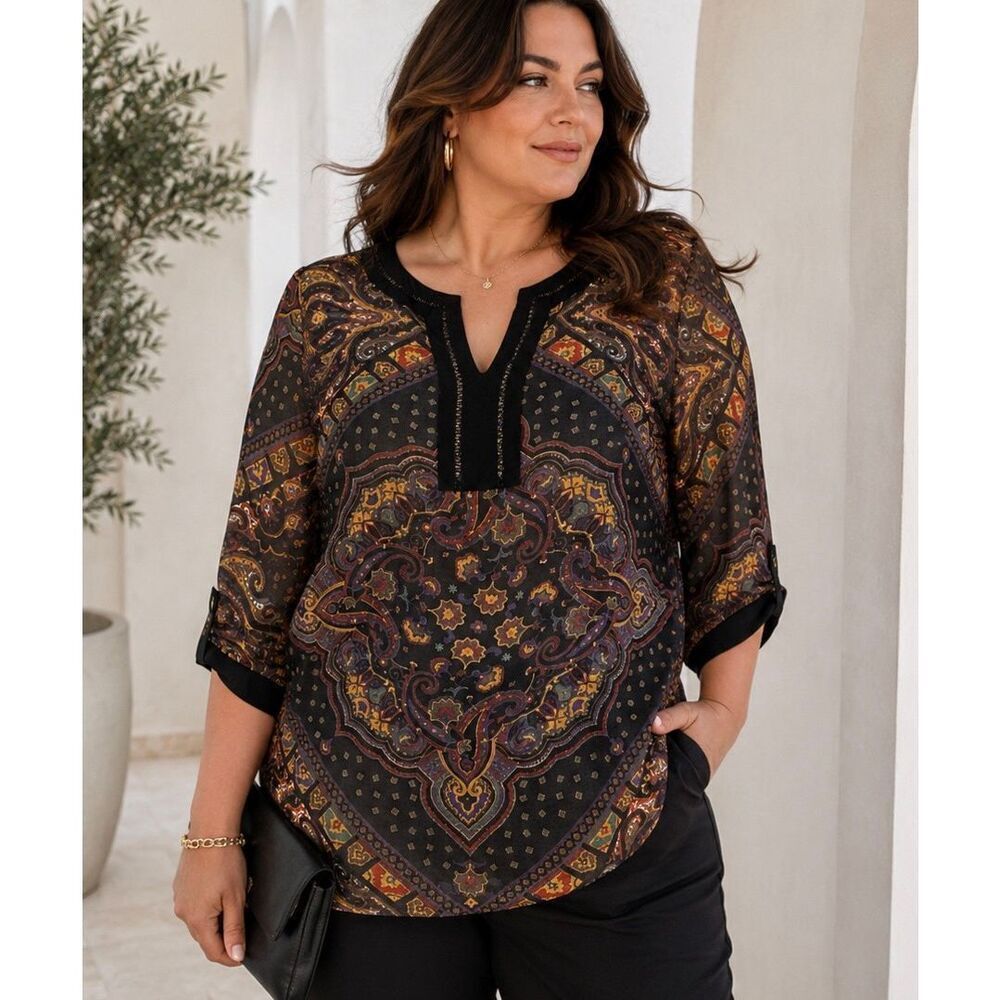 Saint Tropez West Sheer 3/4 Sleeve Blouse Top Women’s 2X